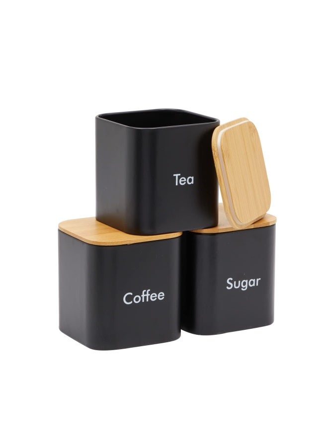 Juvale مجموعة مكونة من 3 قطع من علب الشاي والقهوة والسكر للمطبخ، حاويات من الفولاذ المقاوم للصدأ باللون الأسود مع أغطية من الخيزران، سعة 48 أونصة - Image 1