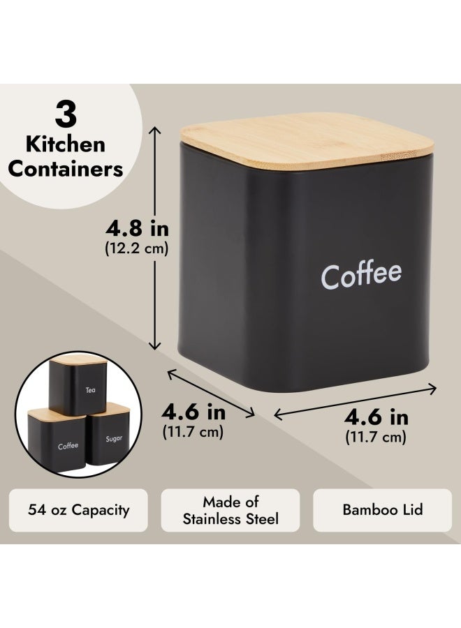 Juvale مجموعة مكونة من 3 قطع من علب الشاي والقهوة والسكر للمطبخ، حاويات من الفولاذ المقاوم للصدأ باللون الأسود مع أغطية من الخيزران، سعة 48 أونصة - Image 3