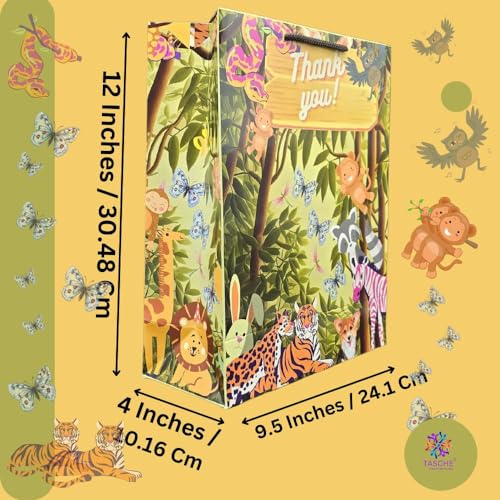 TASCHE Jungle Animal Design Thank You Theme Paper Gift Bags For Return Gifts|Birthday|Holiday Presents (Pack Of 8),Multi Color - Image 4