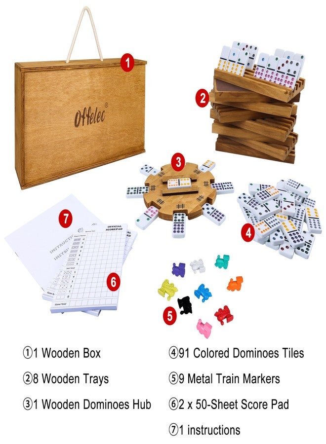 Offelec Mexican Train Dominoes Set with 8 Holders, Double 12 Dominos Set for Adults, Mexican Dominoes Train for Kids and Family Game, Mexican Train Games with 91 Colored Tile Dominos and Wooden Box - Image 2