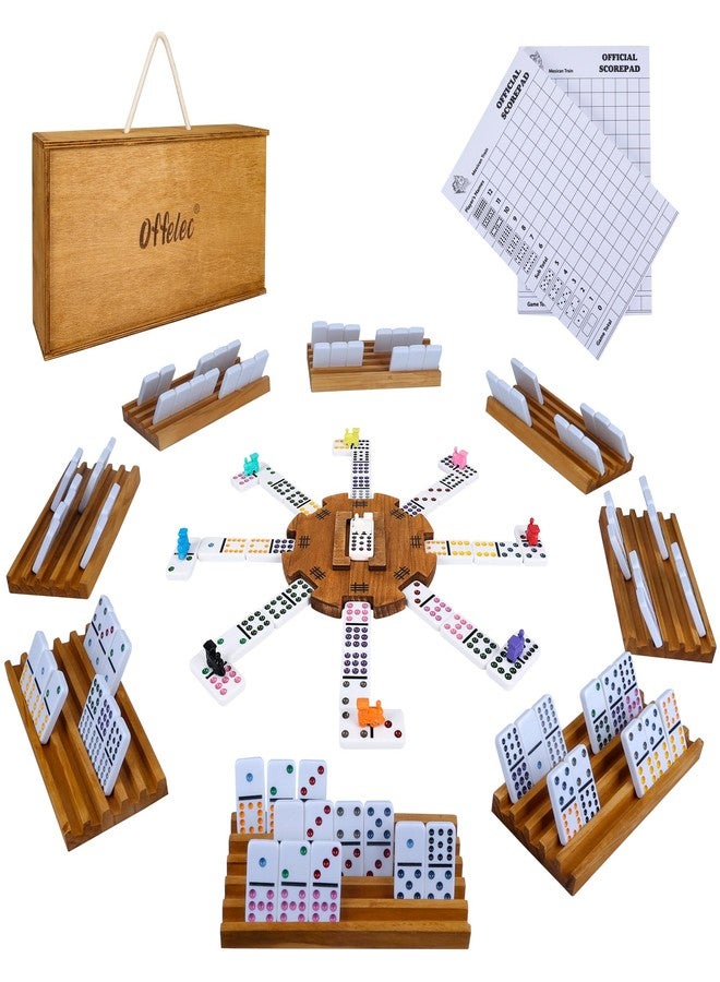 Offelec Mexican Train Dominoes Set with 8 Holders, Double 12 Dominos Set for Adults, Mexican Dominoes Train for Kids and Family Game, Mexican Train Games with 91 Colored Tile Dominos and Wooden Box - Image 1