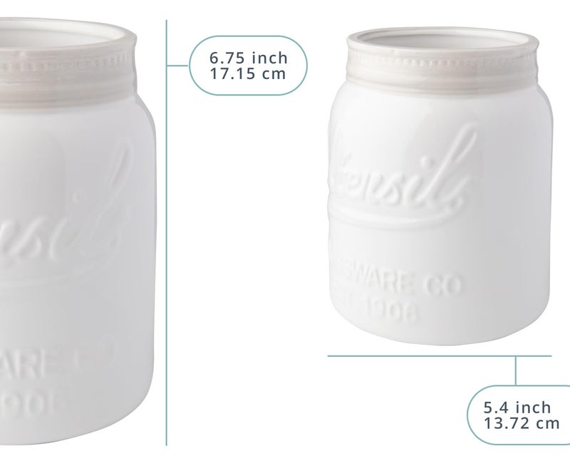 Comfify Wide Mouth Mason Jar Utensil Holder Decorative Kitchenware Organizer Crock - Perfect Cookware Gift - White, Large Size 5.4x6.75 - Image 3