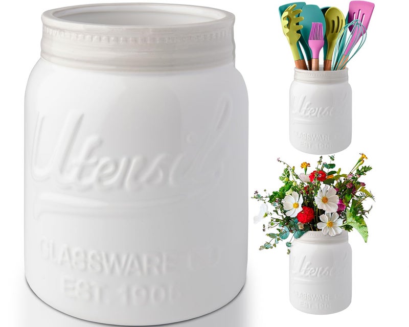 Comfify Wide Mouth Mason Jar Utensil Holder Decorative Kitchenware Organizer Crock - Perfect Cookware Gift - White, Large Size 5.4x6.75 - Image 1
