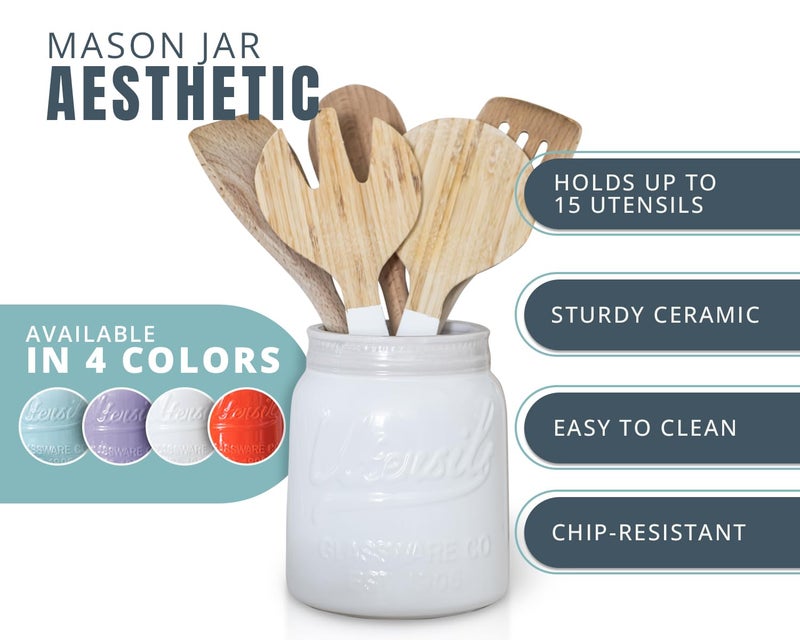 Comfify Wide Mouth Mason Jar Utensil Holder Decorative Kitchenware Organizer Crock - Perfect Cookware Gift - White, Large Size 5.4x6.75 - Image 2