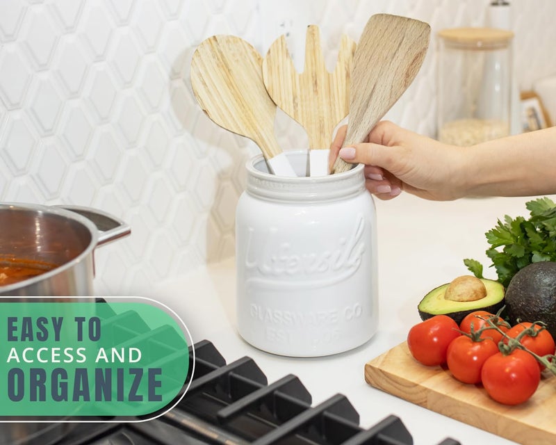 Comfify Wide Mouth Mason Jar Utensil Holder Decorative Kitchenware Organizer Crock - Perfect Cookware Gift - White, Large Size 5.4x6.75 - Image 5