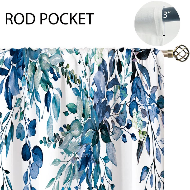 oolygoo Teal Eucalyptus Botanical Leaves Floral Small Kitchen Curtains Blue Flower Window Treatment Wildflower Plant Cafe Short Window Curtains for Bathroom Room Tier Treatment Drapes 26x36 inch - Image 5