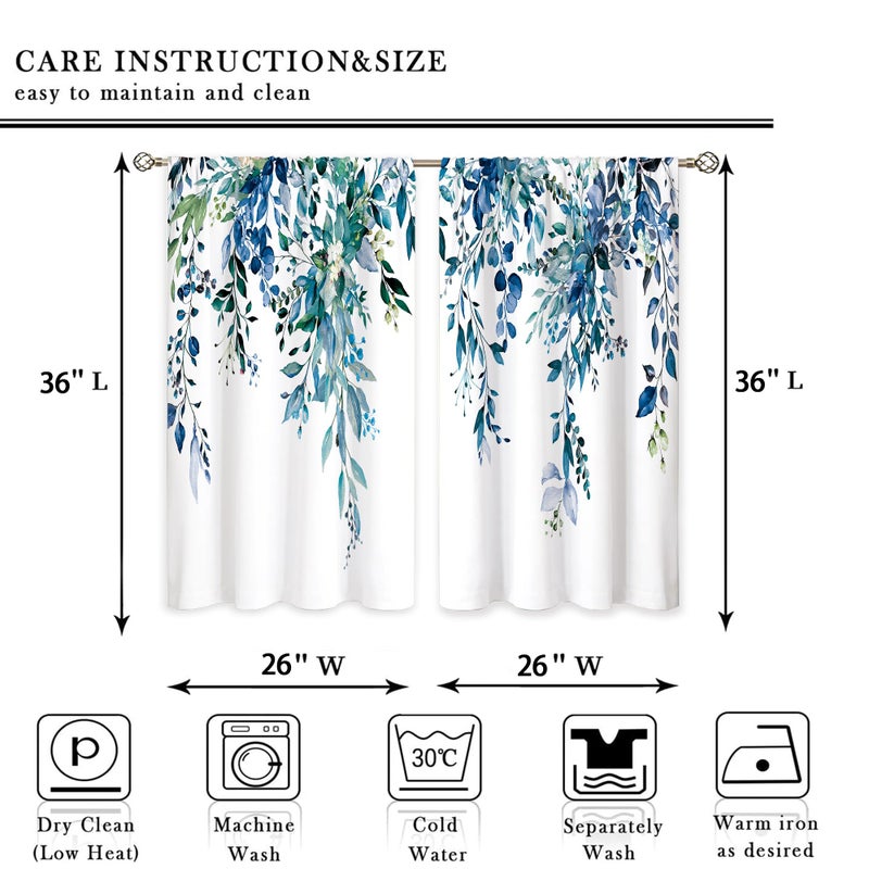 oolygoo Teal Eucalyptus Botanical Leaves Floral Small Kitchen Curtains Blue Flower Window Treatment Wildflower Plant Cafe Short Window Curtains for Bathroom Room Tier Treatment Drapes 26x36 inch - Image 4