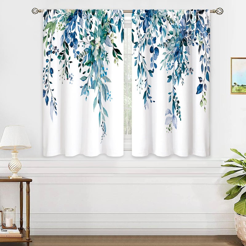 oolygoo Teal Eucalyptus Botanical Leaves Floral Small Kitchen Curtains Blue Flower Window Treatment Wildflower Plant Cafe Short Window Curtains for Bathroom Room Tier Treatment Drapes 26x36 inch - Image 3
