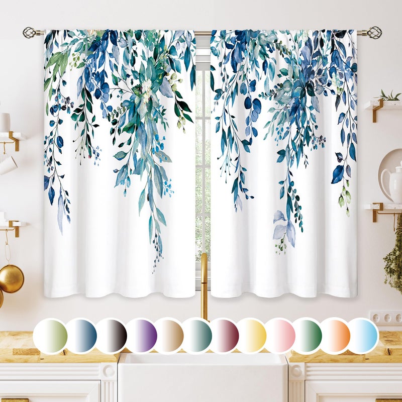 oolygoo Teal Eucalyptus Botanical Leaves Floral Small Kitchen Curtains Blue Flower Window Treatment Wildflower Plant Cafe Short Window Curtains for Bathroom Room Tier Treatment Drapes 26x36 inch - Image 1