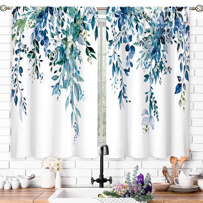 oolygoo Teal Eucalyptus Botanical Leaves Floral Small Kitchen Curtains Blue Flower Window Treatment Wildflower Plant Cafe Short Window Curtains for Bathroom Room Tier Treatment Drapes 26x36 inch - Image 2