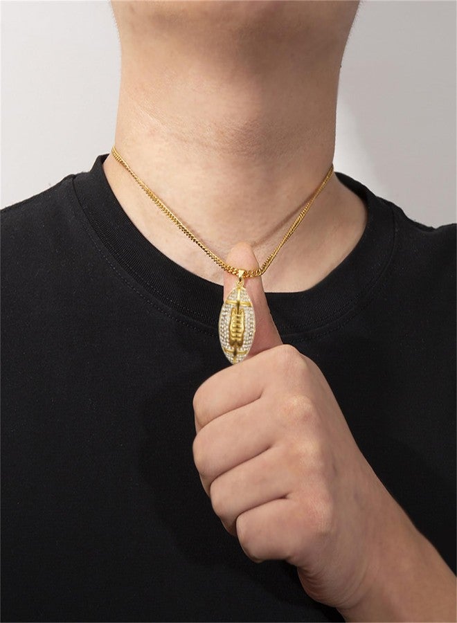 RLHRNDE American Football Pendant Necklace for Men Women Gold Plated Rhinestone Sport Ball Necklace Sports Game Day Lucky Necklace for Punk Rock Hip Hop Accessories (Gold) - Image 2