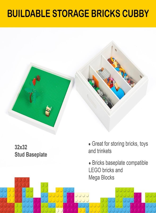 UTEX Buildable Cubby Storage with Building Baseplate Lid for Lego, Wooden Building Blocks Organizer with 3 compartments, Bricks Storage Bins Compatible with Lego and Duplo Bricks, White - Image 2