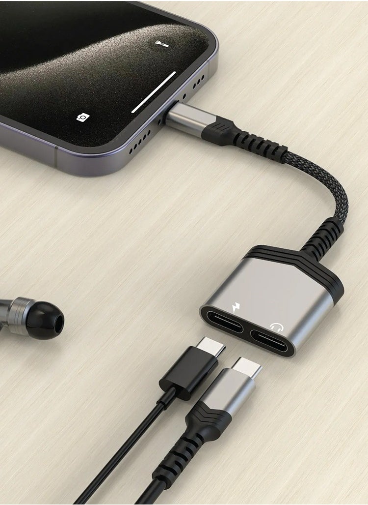 mpBLBERRI - 2-in-1 Type-C to Dual Type-C Audio & Charging Adapter MpBlberri BLB-OT555 - Black & Grey - Image 1