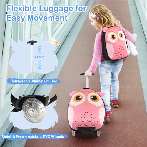 BABY JOY 2 Pcs Kids Luggage Set, 16" Rolling Suitcase w/ 12" Backpack, Airline Approved for Girls & Boys Children Toddlers, Kids Carry On Luggage with Wheels (Owl) - Image 3