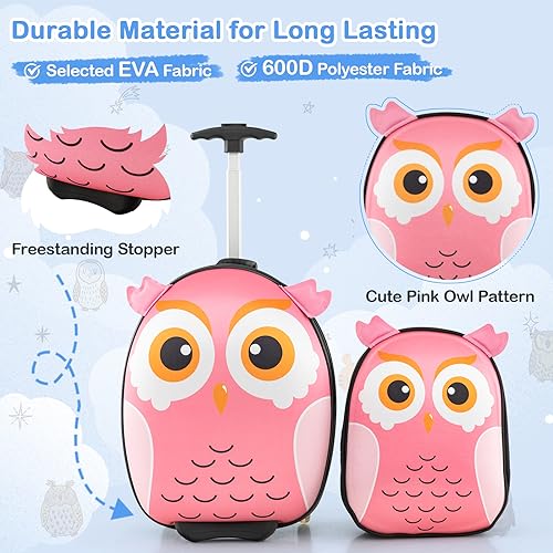 BABY JOY 2 Pcs Kids Luggage Set, 16" Rolling Suitcase w/ 12" Backpack, Airline Approved for Girls & Boys Children Toddlers, Kids Carry On Luggage with Wheels (Owl) - Image 4