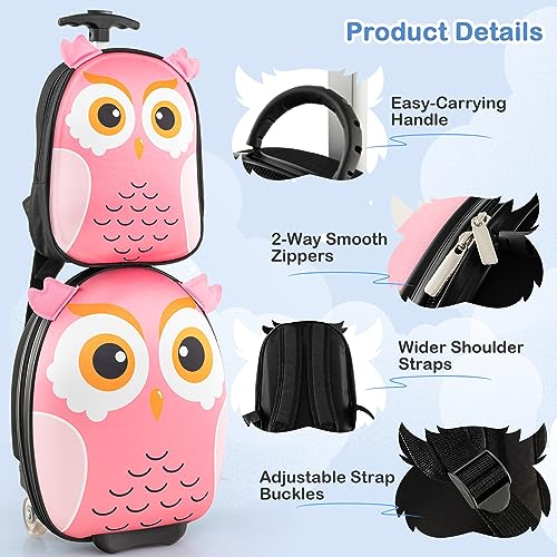 BABY JOY 2 Pcs Kids Luggage Set, 16" Rolling Suitcase w/ 12" Backpack, Airline Approved for Girls & Boys Children Toddlers, Kids Carry On Luggage with Wheels (Owl) - Image 5