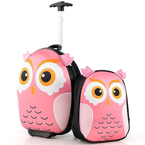 BABY JOY 2 Pcs Kids Luggage Set, 16" Rolling Suitcase w/ 12" Backpack, Airline Approved for Girls & Boys Children Toddlers, Kids Carry On Luggage with Wheels (Owl) - Image 1