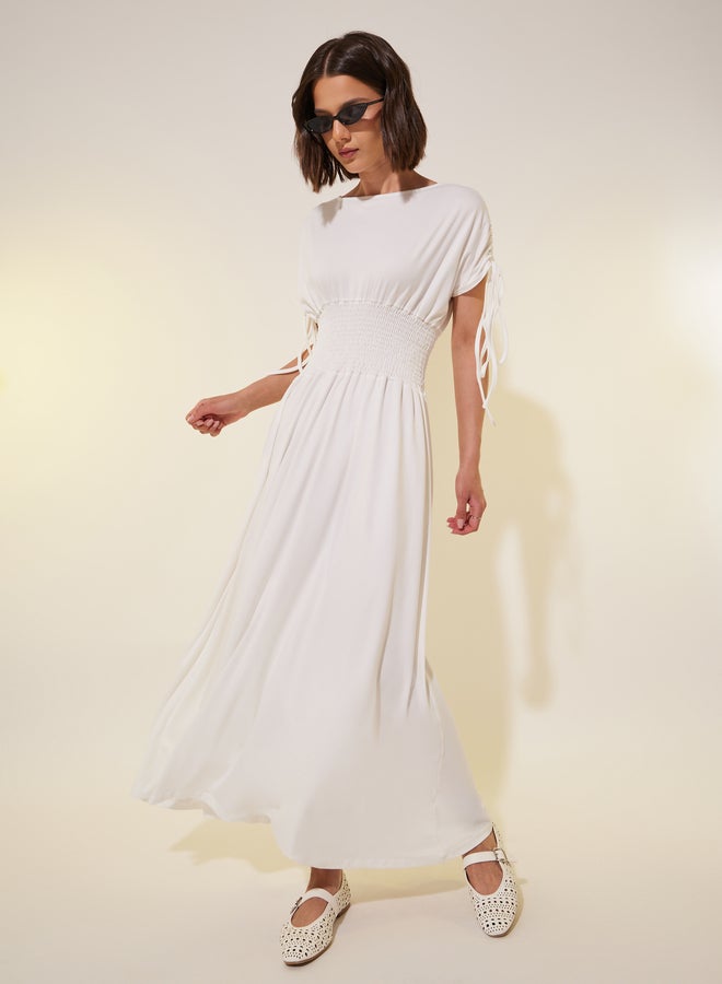 Styli Styli Solid Ruched Sleeves A-Line Maxi Dress with Smocked Waist  - Image 2