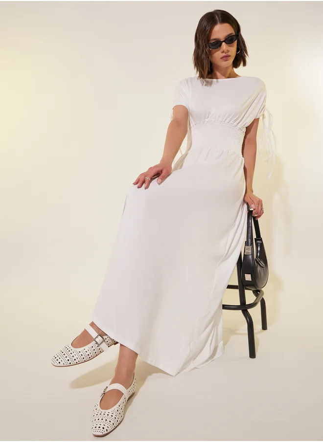 ستايلي Solid Ruched Sleeves A-Line Maxi Dress with Smocked Waist