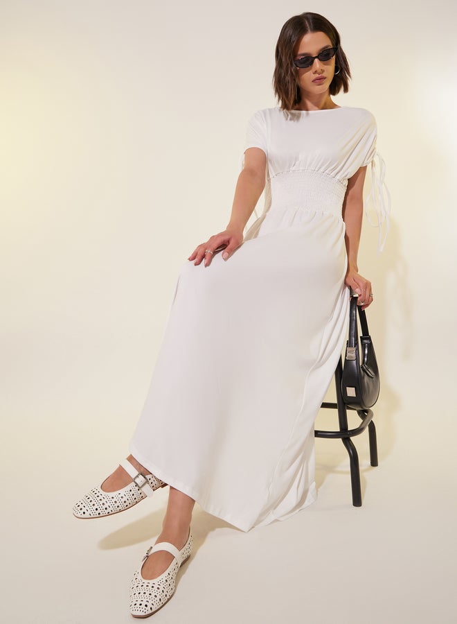 Styli Styli Solid Ruched Sleeves A-Line Maxi Dress with Smocked Waist  - Image 1