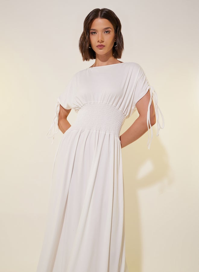 Styli Styli Solid Ruched Sleeves A-Line Maxi Dress with Smocked Waist  - Image 3