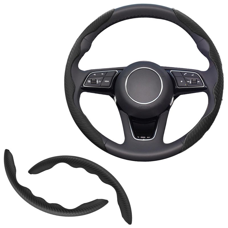 Lunwag 2pcs Universal Fit Carbon Fiber Steering Wheel Cover AntiSkid Steering Wheel CoverSegmented Steering Wheel ProtectorCar Interior Accessories Black - Image 2