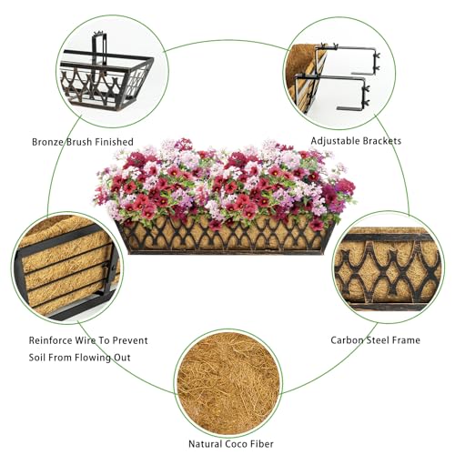 Karlliu Window Boxes Planters: 2 Pack 24 Inch Railing Planter Box with Adjustable Brackets for Porch Fence Patio Balcony Hanging Flower Baskets with Coco Liners for Outdoor Garden Decor - Bronze - Image 3