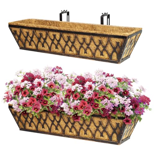 Karlliu Window Boxes Planters: 2 Pack 24 Inch Railing Planter Box with Adjustable Brackets for Porch Fence Patio Balcony Hanging Flower Baskets with Coco Liners for Outdoor Garden Decor - Bronze - Image 1