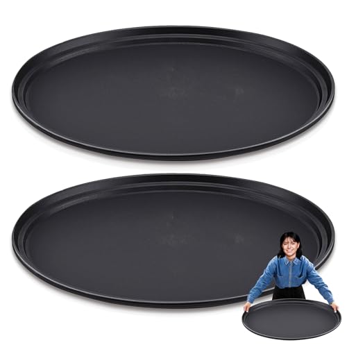 Dapuri 2 Pcs Large Restaurant Serving Trays 24" x 29" Oval Plastic Food Serving Tray Non Slip Rubber Lined Black Serving Tray for Cafeteria (2) - Image 1