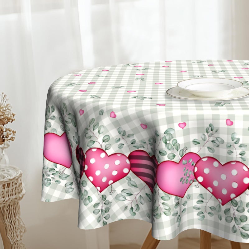 Ventucoven Valentine Tablecloth Round Tablecloth 60 Inch Eucalyptus Leaves Table Cloth Round Pink Heart Circle Table Cloth For Kitchen Dining Wedding Gift Valentines Sweet Love Plaid - Image 2