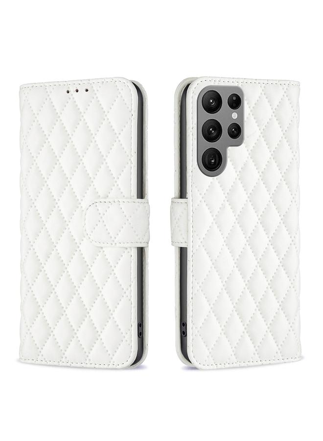 حافظة جلدية قابلة للطي بتصميم محفظة ماسية لهاتف Samsung Galaxy S25 Ultra 5G (أبيض)