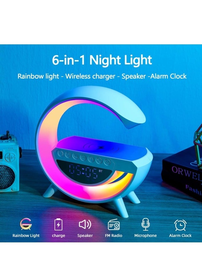 BDT - ساعة تنبيه MINI BDT AN2304 مع ضوء ومكبر صوت بلوتوث، مصباح طاولة ذكي LED مع شاحن لاسلكي، مع تزامن الموسيقى - أبيض - Image 1