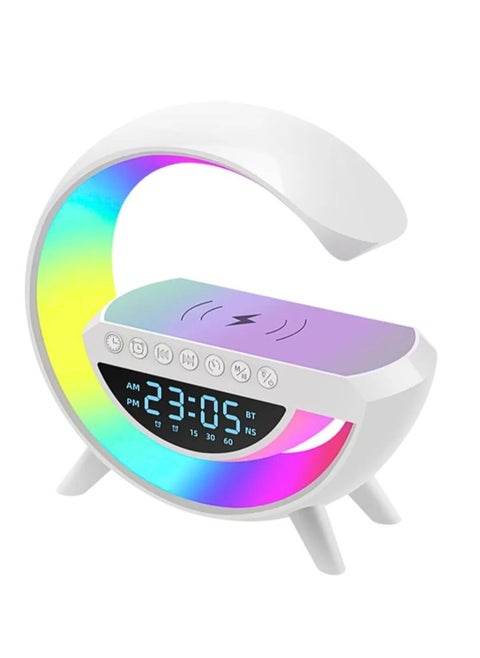ساعة تنبيه MINI BDT AN2304 مع ضوء ومكبر صوت بلوتوث، مصباح طاولة ذكي LED مع شاحن لاسلكي، مع تزامن الموسيقى - أبيض