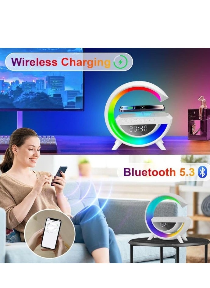 BDT - ساعة تنبيه MINI BDT AN2304 مع ضوء ومكبر صوت بلوتوث، مصباح طاولة ذكي LED مع شاحن لاسلكي، مع تزامن الموسيقى - أبيض - Image 1