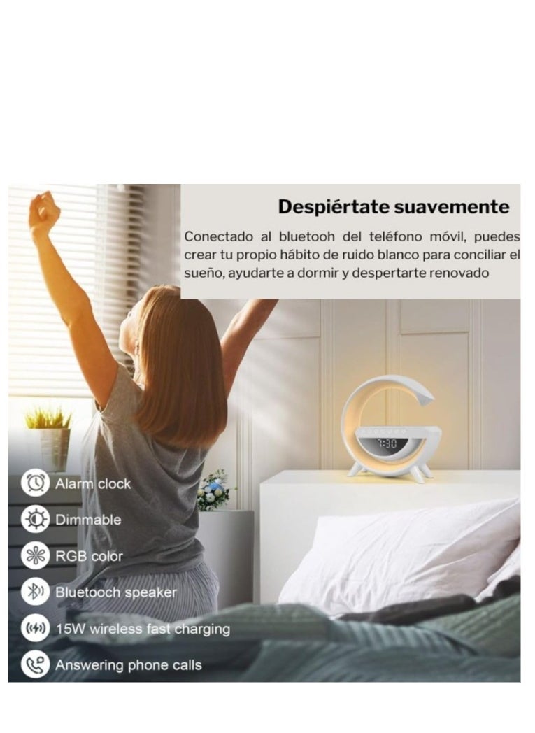 BDT - ساعة تنبيه MINI BDT AN2304 مع ضوء ومكبر صوت بلوتوث، مصباح طاولة ذكي LED مع شاحن لاسلكي، مع تزامن الموسيقى - أبيض - Image 1