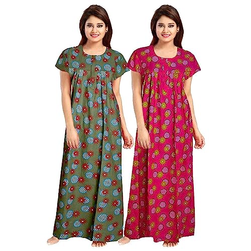 YUKATA Women's Cotton Printed Ankle Length Nighty - Free Size (Pack of 2) (Free Size, Mehandi&Rani) - Image 1