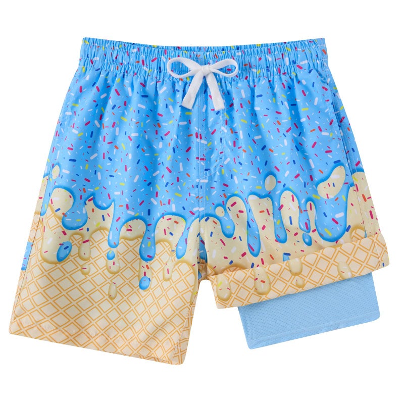 westwolf Swim Shorts for Teens Kids Blue Ice Cream Swimming Trunks Boys Board Shorts Yellow Waffle Bathing Suits with Compress 14T 15T 16T - Image 1