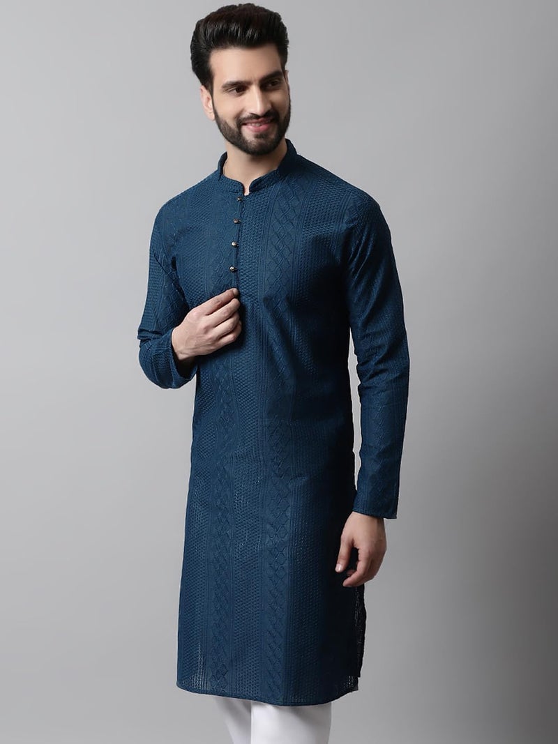 Jompers Men's Embroiderd Kurtas (Teal, M) - Image 3