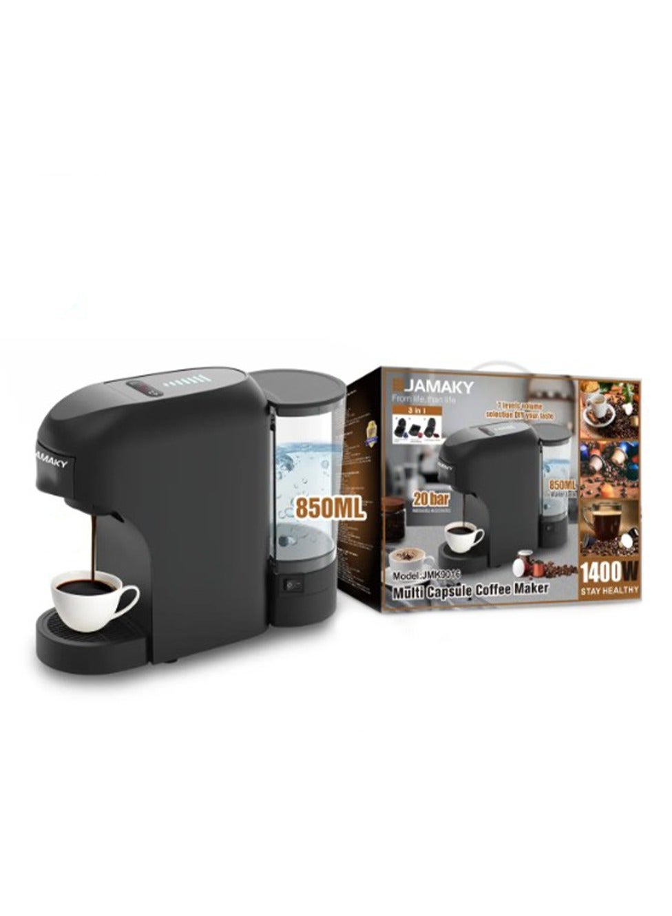 Multi Capsule Coffee Maker with Italian technology JMK9016 , 3 in 1 Household 1400W Automatic Drip Coffee Machine With 7 level volume selection DIY your taste 850mL Water Capacity - Black