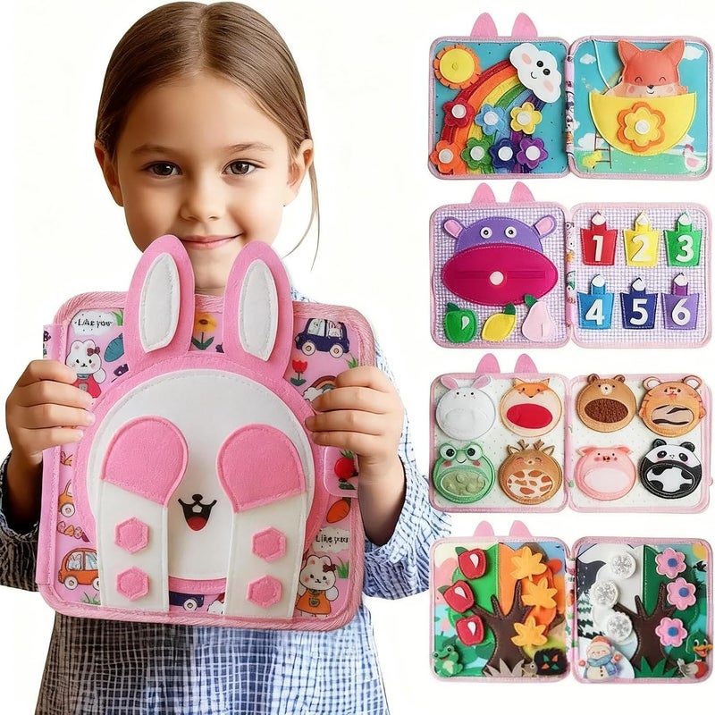 Toddler Busy Board, Montessori Toys for Toddler Girl Birthday Gift, Educational Learning Sensory Busy Book for Toddlers Girls, Toddlers Activities Toy for Airplane Car Travel (Pink Rabbit) - Image 1