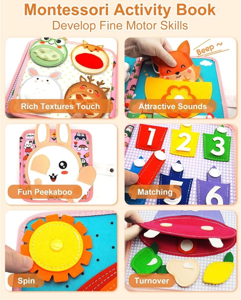 Toddler Busy Board, Montessori Toys for Toddler Girl Birthday Gift, Educational Learning Sensory Busy Book for Toddlers Girls, Toddlers Activities Toy for Airplane Car Travel (Pink Rabbit) - Image 4