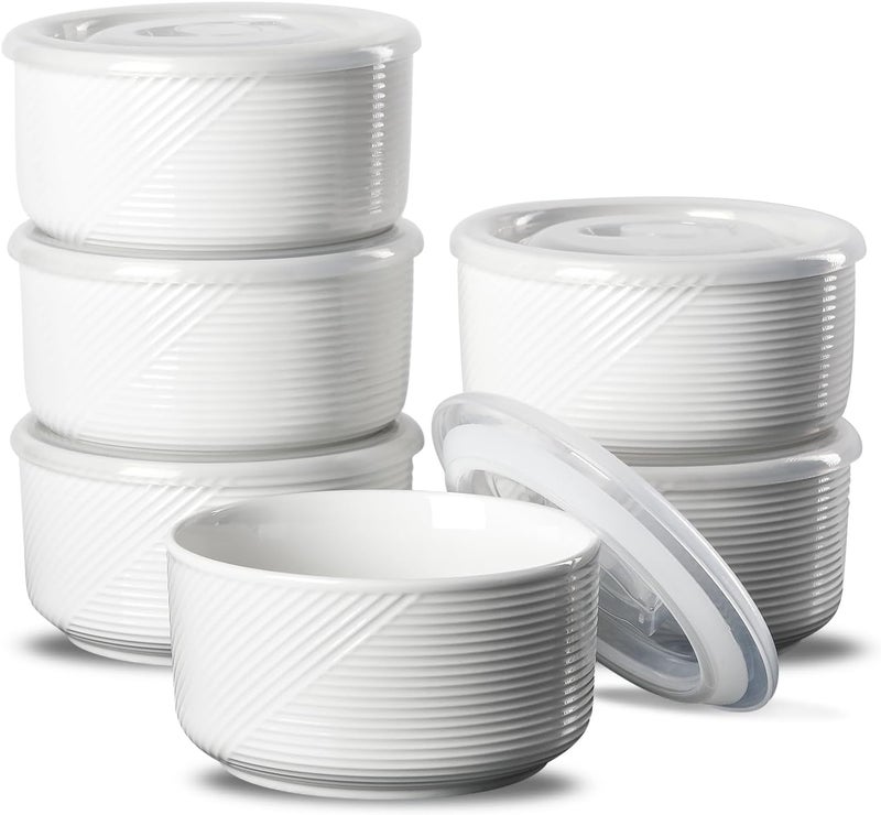Adewnest Ceramic Bowls with Lids 20 oz Microwave Safe Food Storage Containers for Soup Salad Cereal Leftovers Meal Prep Lunch Picnic Camping Serving  Airtight White Set of 6 - Image 1