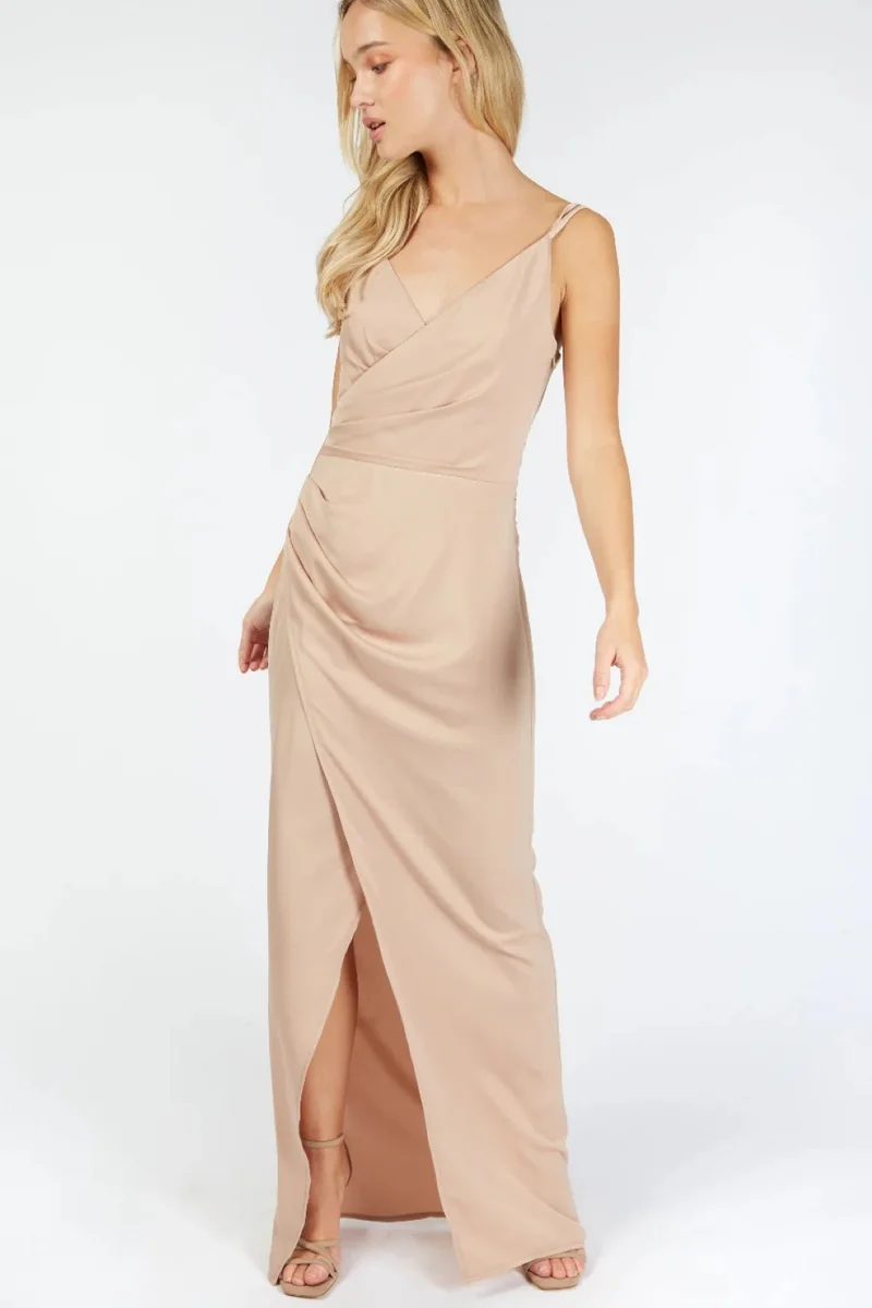 Little Mistress Tegan Satin Mock Wrap Maxi Dress