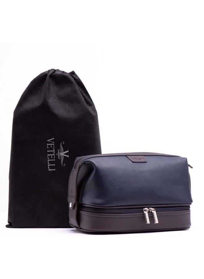 Vetelli Vetell Leo Large Leather Men's Travel Toiletry and Shaving Case Bag with Upper and Lower Zippered Compartments, 3 Interior Loops and Carrying Handles - Image 1
