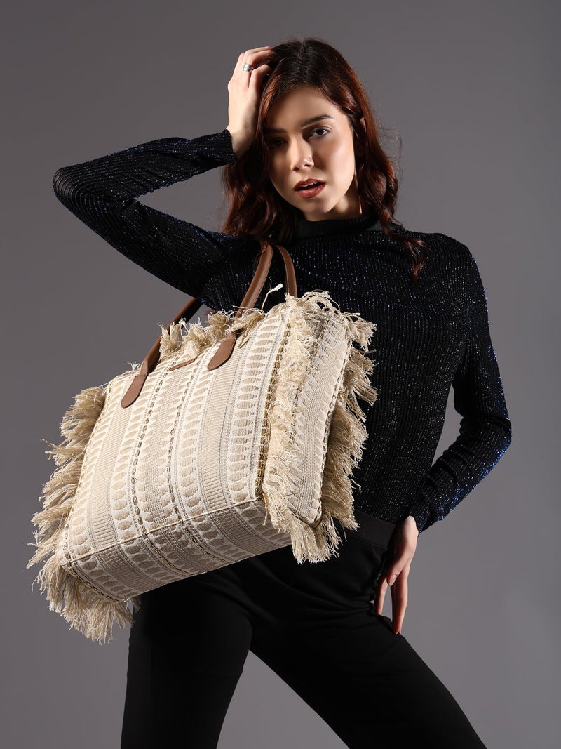 ENSAC Cotton Tote Bag for Women Premium Stylish Handbag for women with Zip Closure Ladies Big Shoulder Bag for Women Girls Handbag Zipper Large Capacity Shoulder Bag for College Office Use - Image 3
