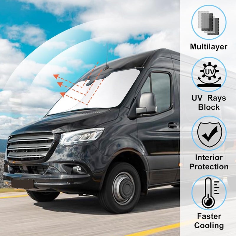 LHFLIVE Windshield Sun Shade Foldable Sun Visor Protector Custom Fit 2007-2024 2025 Mercedes Benz Sprinter Freightliner Cargo Crew Passenger Motorhome Accessories - Image 2