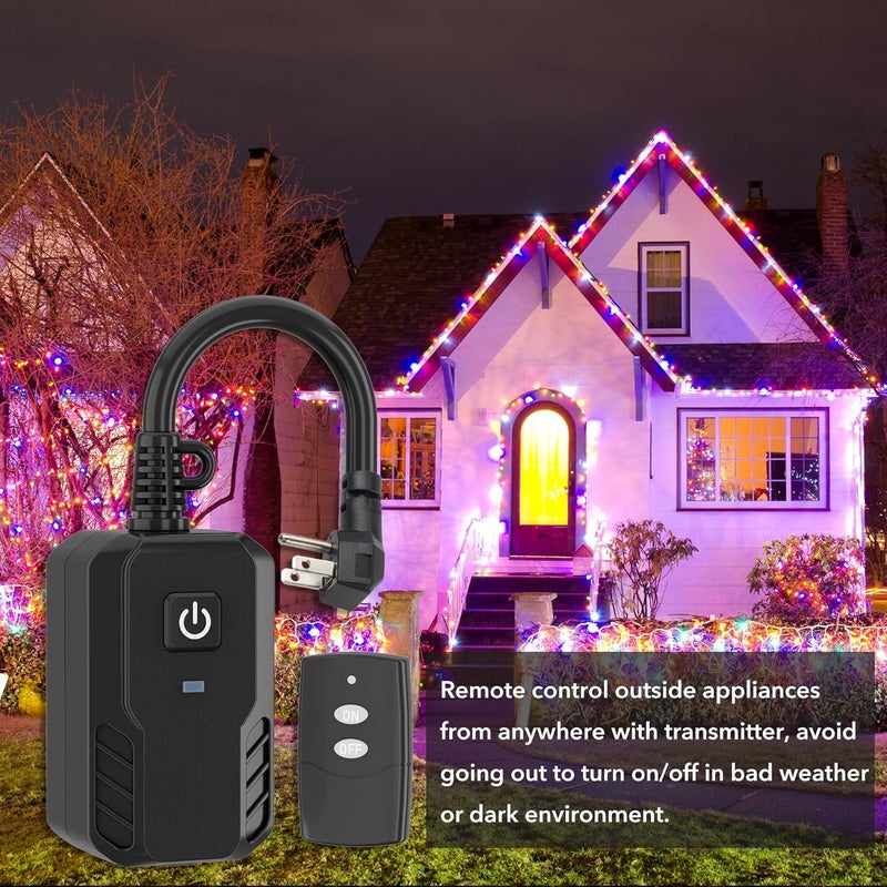 BN-LINK Outdoor Remote Control Outlet Plug Black,Indoor Wireless Outlet Switch Weatherproof Heavy Duty 15A 3-Prong 6-inch Cord 100Ft Range,3Pack(Battery Included) - Image 4