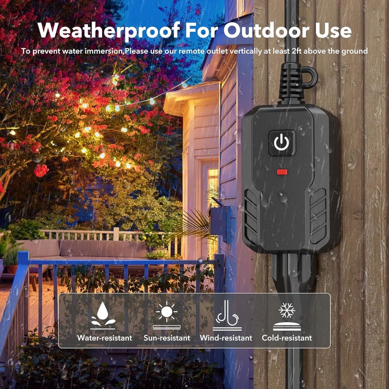 BN-LINK Outdoor Remote Control Outlet Plug Black,Indoor Wireless Outlet Switch Weatherproof Heavy Duty 15A 3-Prong 6-inch Cord 100Ft Range,3Pack(Battery Included) - Image 3