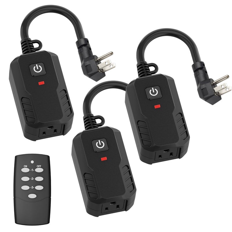 BN-LINK Outdoor Remote Control Outlet Plug Black,Indoor Wireless Outlet Switch Weatherproof Heavy Duty 15A 3-Prong 6-inch Cord 100Ft Range,3Pack(Battery Included) - Image 1