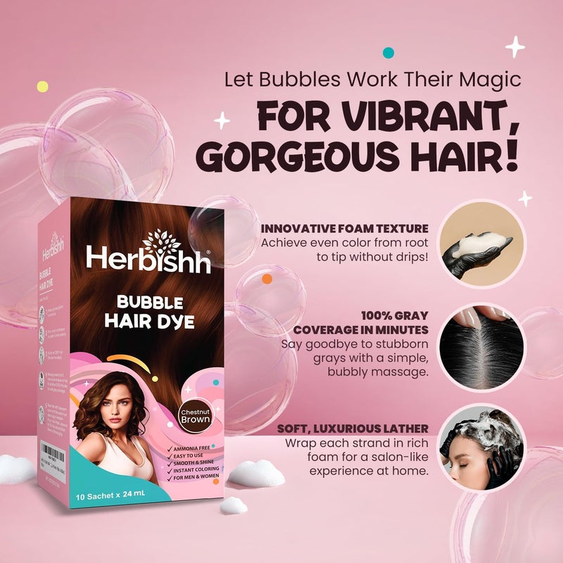 Herbishh Bubble Foam Hair Dye Shampoo - Chestnut Brown, 10 Sachets x 24ml - Image 5